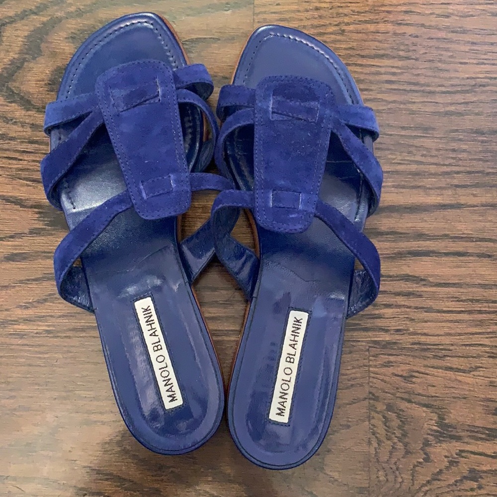 Blue suede Manolo Blahnik flat sandals